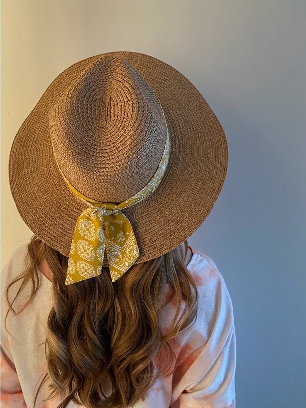 Tan Wide-Brim Straw Hat with Yellow Bandana Tie